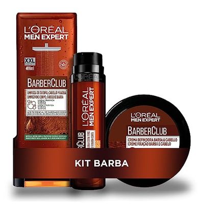 L'Oreal Paris Men Expert Pack Barber Club de Rutina de Cuidado de Barba para Hombre con Cera de Fijación + Crema Hidratante para Barba + Gel de Ducha