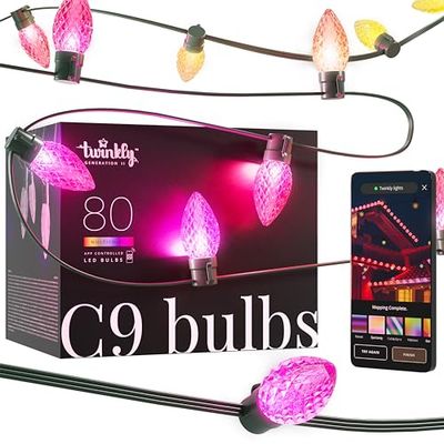 Twinkly C9 Bulbs- Stringa di luci LED controllata da app con 80 LED RGB (16 milioni di colori). 24,4 metri. Cavo verde. Decorazione di illuminazione intelligente per esterni