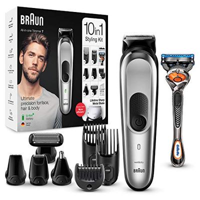 Braun Regolabarba Tagliacapelli Uomo Rasoio Incluso, Rifinitore Barba, 8 Accessori inclusi, 85% di Plastica in Meno, Idea Regalo, MGK7220 All-in-One Grigio Argento