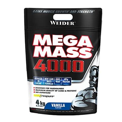 Weider Mega Mass 4000. Goût Vanille. Mélange protéiné pour prise de masse. Avec 3 protéines (lait, lactosérum, blanc d’œuf) et de la créatine. Pauvre en sucres. 4kg