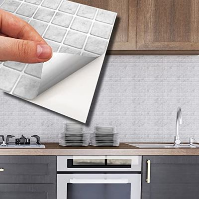 WALPLUS Juego de 24 pegatinas de mosaico de mármol Lux Touch Light de 15 cm para pared, adhesivos para despegar y pegar, vinilos para decoración del hogar para cocina, baño, azulejos, pintura en la pared