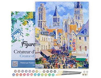 Figured'Art Peinture par Numéro Adulte avec Cadre Rue de l'Épicerie, Rouen - Camille Pissarro - Activité Manuelle Kit de Loisir Créatif DIY Numéro d'Art Complet - 40x50cm toile tendue sur châssis