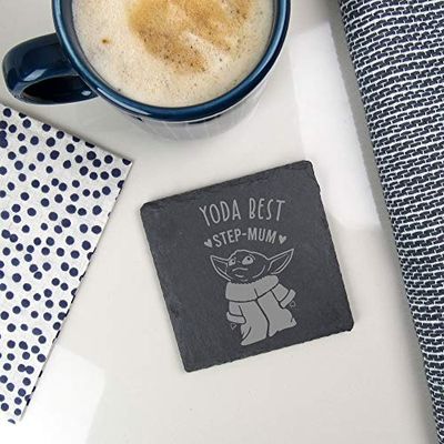 eBuyGB Personalised Square Slate Coaster, Engraved Baby Yoda Coaster, Star Wars Themed Drinks Mat, Gifts for Her (Yoda Best Step-Mum)