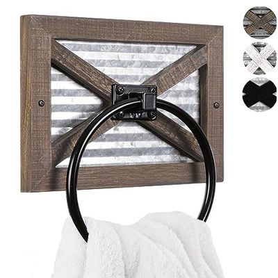 Autumn Alley Farmhouse Decor - Anello portasciugamani per bagno, stile rustico, montaggio a parete, mix di legno, metallo zincato e anello nero