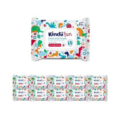 Kindii Fun Nawilżany Papier Toaletowy - spłukiwalny - połączenie nawilżanego papieru i mokrej chusteczki - oczyszcza, odświeża okolice intymne - rumianek - aloes - neutralne PH - 600 szt. - 10x60 szt.
