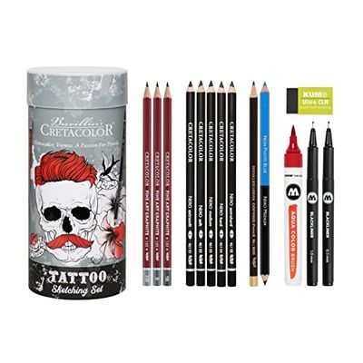 CRETACOLOR Tattoo Sketching Set, Set de Dessin, pour des esquisses grossières ou des travaux de détail, boîte métallique Pratique pour Le Rangement Incluse