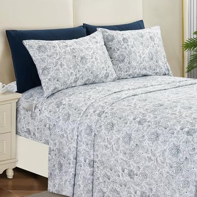 Elegant Comfort Parure de lit 6 pièces Douce et Confortable, en Microfibre de qualité hôtelière, 600 Fils/cm², Infroissable, Bonnets Profonds, pour King Size californien, Motif Cachemire Bleu Marine