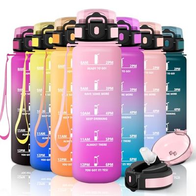Motswedi Botella Agua, 1000ml con Pajita, Cantimplora, a Prueba de Fugas, Botella Agua Gimnasio, Sin BPA, con Marca de Tiempo, para Gym, Bicicleta, Oficina, Rosa Claro & Rosa Rojo