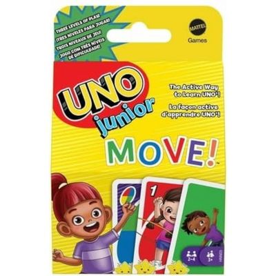 UNO, Junior Move!, gioco di carte per bambini per serate di gioco in famiglia, viaggi, campeggi e feste, giocattolo per bambini 3+ anni, HNN03