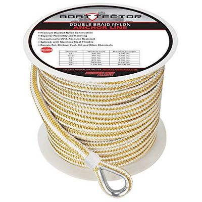 Extreme Max BoatTector - Cavo per Ancora Completo di redancia, Doppia Treccia di Nylon, Colore: Bianco e Oro