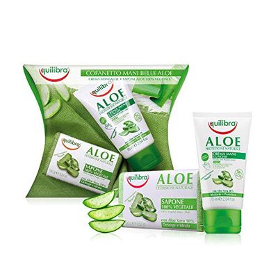 Equilibra Corps, Kit Mains Aloe, Aloe Crème Mains et Ongles Hydratant et Protecteur, Aloe Savon 100% Légumes Délicate, Emballage Cadeau