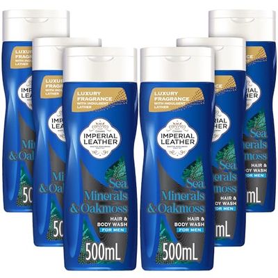 Imperial Leather Sea Minerals & Oakmoss Hydrate 2 in 1 Body Wash Shower Gel Signature Oil Blend, Creamy Lather, Gentle Skin Care, Bulk Buy, Pack of 6x500ml