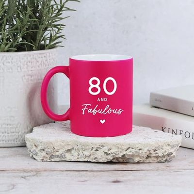 eBuyGB Neon Pink Mug, 80 & Fabulous Ceramic Coffee Cup, Milestone Birthday, 80th Birthday Gift for Her, Nan, Mum, Auntie