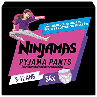 Pampers Pampers Ninjamas Majtki nocne/pieluchy dla dziewczynek (27-43 kg), 54 majtki piżamowe, 8-12 lat, miesięczne pudełko, chłonne majtki, ochrona przed wyciekiem na całą noc