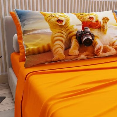 PETTI Artigiani Italiani - Sábanas de Animales con Gatos de algodón con Fundas de Almohada de impresión Digital, sábanas para Cama Individual, Juego de Cama Individual, Color Naranja, 100% Made in