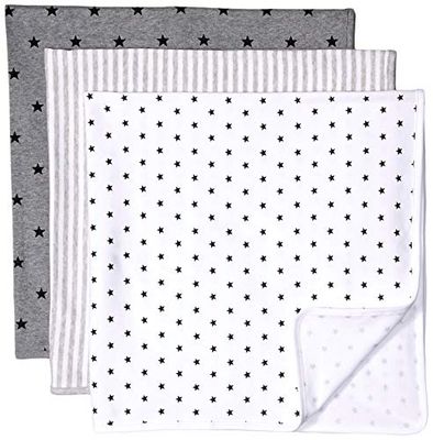 Amazon Essentials Couvertures d’Emmaillotage Mixte Bébé, Lot de 3, Blanc Étoiles/Charbon Chiné/Gris Clair Rayures Verticales, Taille unique