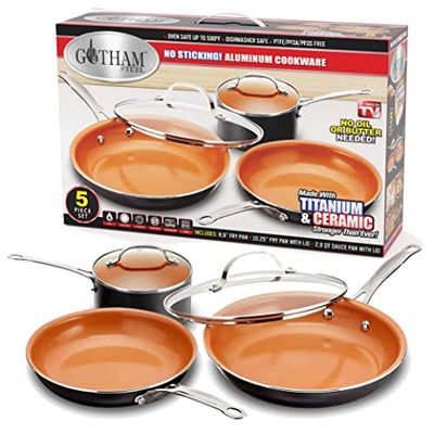 GOTHAM STEEL - Conjunto de utensílios de cozinha de 5 peças com superfície de cobre anti-aderente, adequados para máquina de lavar louça, alças frias ao toque, inclui panelas, Stock Pot e tampas de