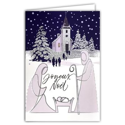 Merry Christmas Card Shiny Silver Glitter with White Envelope Size 12 x 17.5 cm – Illustration Nativity Scene Jesus Marie Joseph Church Mass Christmas Tree Landscape Design – Made in France