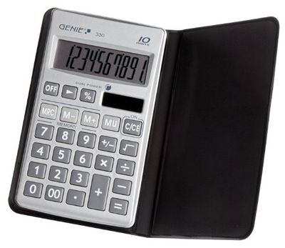 Genie 330 10-cijferige platte rekenmachine (met dual power (zonne-energie en batterij); incl. beschermhoes) zilver