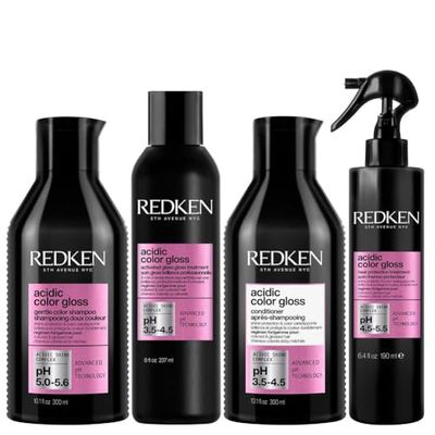 REDKEN Acidic Color Gloss Routine Bundle with Sulphate-Free Shampoo 300ml, Glass Gloss Treatment 237ml, Conditioner 300ml & Leave-In Treatment 190ml, For Glass-Like Shine and Colour Protection
