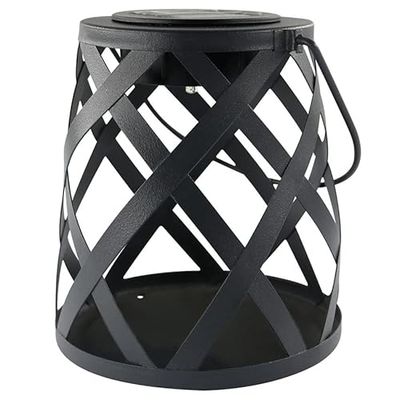 Lámpara solar decorativa metálica negra, resistencia a la intemperie, luz LED, ideal para exterior y decoración de jardines.