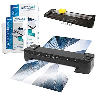Plastificadora A3 A4 A5 A6 A7 Pro Ultra rápida en caliente y fría hasta 2 x 150 micras Temperatura ajustable para uso profesional intensivo Pack con 100 fundas A4 + 100 fundas A3 + 1 recortadora