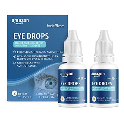 Amazon Basic Care Goccia oculari con ialuronato di sodio 0,2% e acqua distillata di fiori, 15 ml (Confezione da 2)