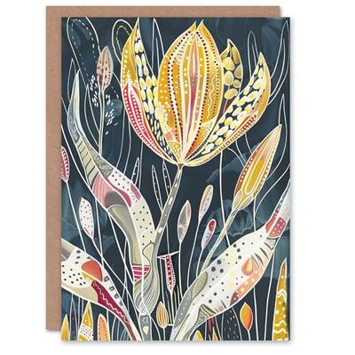 Artery8 Greeting Card Tulip Flower Bloom Colourful Folk Art Painting Blank For Her Woman Birthday Card