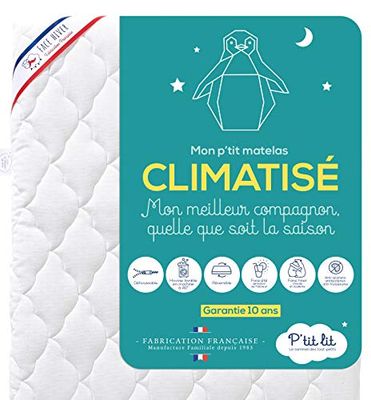 P'TIT LIT - Colchão para crianças e bebés com ar condicionado, 70 x 140 cm, 1 lado fresco para o verão e 1 lado acolchoado para inverno, antiácaros, removível, Oeko Tex®, fabricado em França, branco