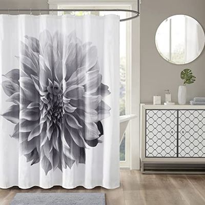 Madison Park Norah Rideau de Douche en Coton, Motif imprimé Floral réaliste surdimensionné, décoration Moderne de Salle de Bain, Lavable en Machine, écran d'intimité en Tissu, 183 x 183 cm, Gris