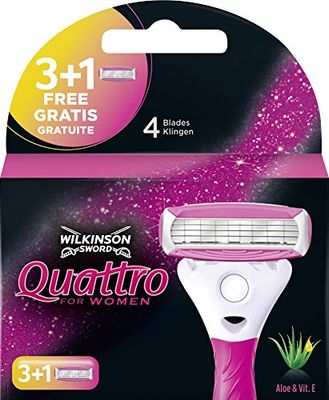 Wilkinson Sword Quattro For Women - Pack de 4 Recambios de Cuchillas de 4 Hojas con Bandas Lubricantes de Aloe Vera y Vitamina E, Válidos para Maquinilla Quattro for Women