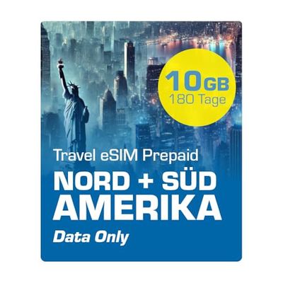 Simmetry North & South America gegevens eSIM, 10 GB, 180 dagen, compatibel met eSIM-compatibele iOS- en Android-apparaten, hotspot sharing toegestaan, ideaal voor lange reizen of langdurig gebruik.