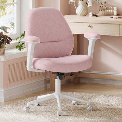SONGMICS Chaise de Bureau, Fauteuil Ergonomique, Hauteur Réglable, Siège Pivotant, Dossier Haut, Rembourrée, Assise Large, Tissu Coton-Lin, pour Jeunes, Rose Bonbon OBG035R01