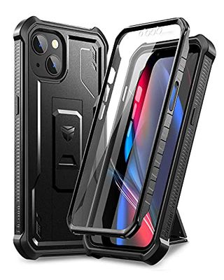 Dexnor Hoes voor iPhone 13 voor iPhone 14 met ingebouwde displaybescherming, militaire bescherming, Armor Heavy Duty 360, volledige behuizing, stootvaste bumperbescherming, afdekking met standaard - Zwart