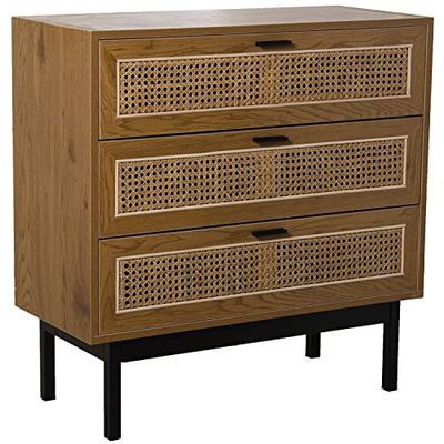DRW Commode avec 3 tiroirs en Bois MDF, Osier et métal Naturel et Noir 80x35x80cm