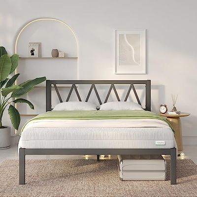 Novilla Cadre de lit Plateforme en métal pour Matelas de 140 x 200 cm, Hauteur de Rangement sous Le lit 30.5cm, Support à Lattes en Bois, Pas Besoin de sommier, Assemblage Facile, Noir