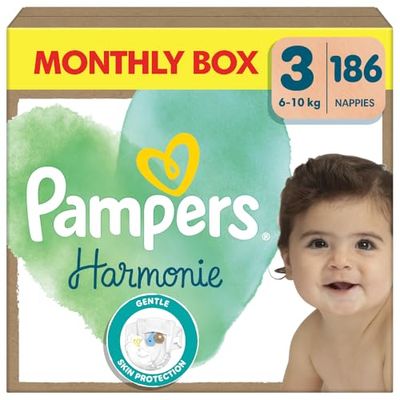 Pampers Harmonie Baby Pieluszki, Rozmiar 3, 186 Sztuk, 6Kg-10Kg, Ochrona Delikatnej Skóry I Wyjątkowo Miękki Materiał