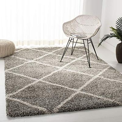 SAFAVIEH Tapis Shag Pour Salon, Salle à manger, Chambre à coucher - Hudson Shag Collection, Tapis à poil long, Gris et Ivoire, 155 X 229 cm