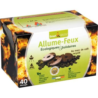 SMART & GREEN - Allume-Feu Naturel Ecologique au Marc de Café - Allumage Facile Sans Odeur Toxique ni Petrole - Cheminée - Barbecue - Poêle à Bois - Brasero - Concours Lépine (40 Feux)