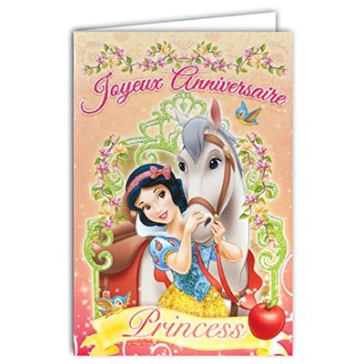 Disney Princesses 130938 Happy Birthday Card Dress with Shiny Sequins Red Envelope Illustrated Interior Snow White Horse Apple Birds Prince Fawn Flowers Girl Tale Child 130938
