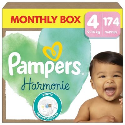Pampers Pieluszki, Rozmiar 4 (9-14 kg), Harmonie Pieluchy, 174 Sztuki, Ochrona Delikatnej Skóry i Składniki Pochodzenia Roślinnego