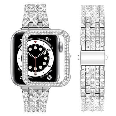 Wutwuk Bling Apple Watch armband 38 mm 40 mm 41 mm 42 mm 44 mm 45 mm met behuizing, glinsterend metaal voor dames, reservearmband voor iWatch Series SE 2 SE 8 7 6 5 4 3 2 1, Zilver, Serie 9/8/7 45mm