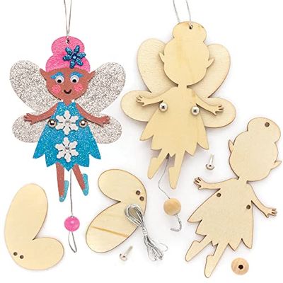 Baker Ross FE861 Marionnette en Bois Enfants en forme de Fée - Lot de 5, Marionnette a Fabriquer, Marionnette en Bois Articulé, Activites Manuelles pour Enfants