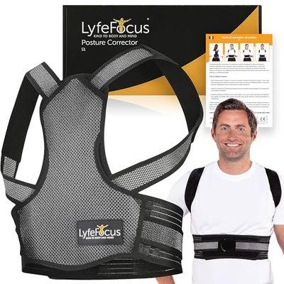 LyfeFocus S1 Correcteur de posture dorsale haute qualité – Soutien, orthèse dorsale et redresseur de dos - Correction efficace de votre posture anti-douleurs pour cou, épaules et dos (Noir, Grand)