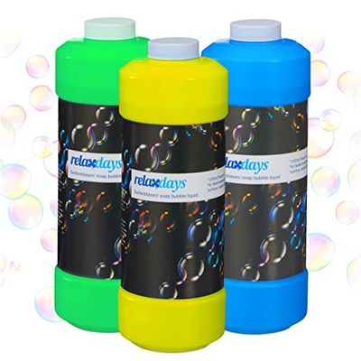 Relaxdays Líquido Burbujas Jabón, Set de 3, 1 Litro Solución Pompas Cada una, para Máquina de Pompitas, Multicolor