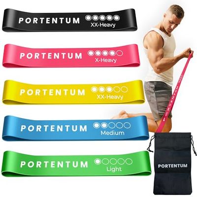 PORTENTUM Gomas elasticas musculacion, Set de 5 Bandas elasticas musculacion. Cómodo y Duradero látex 100% y Bolsa Almacenamiento para Las Cintas elasticas musculacion