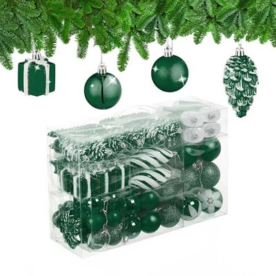 Relaxdays Set 72 Bolas Árbol Navidad, Bolitas Navideñas Brillantes, con Purpurina y Mate, Botas, Corazón, Verde Oscuro, 3 tamaños