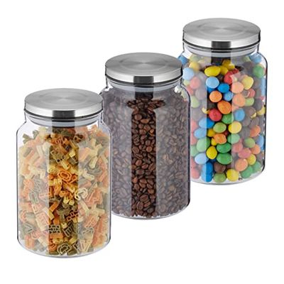 Relaxdays Set da 3 Barattoli per Alimenti, Coperchio in Acciaio Inox, Recipienti in Vetro 1500 ml, Trasparente Argentato, 19 x 12 x 12 cm