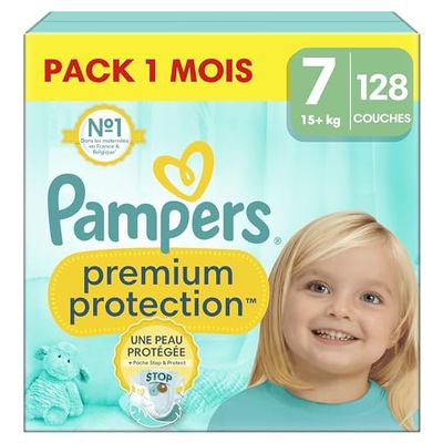 Pampers Premium Protection, Taille 7, 128 Couches, 15kg+, Double Protection pour la peau et contre les fuites Avec Poche Stop & Protect pour aider à capturer les Fuites, Pack 1 Mois