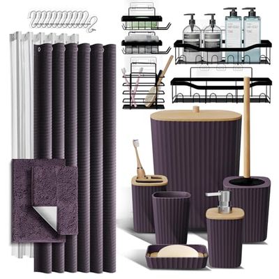 Ensemble d'accessoires de Salle de Bain avec Panier de Douche et Tapis de Bain, Ensemble d'accessoires de Salle de Bain 27 pièces avec Caddies de Douche, Tapis de Bain Violet, Ensemble de Rideau de